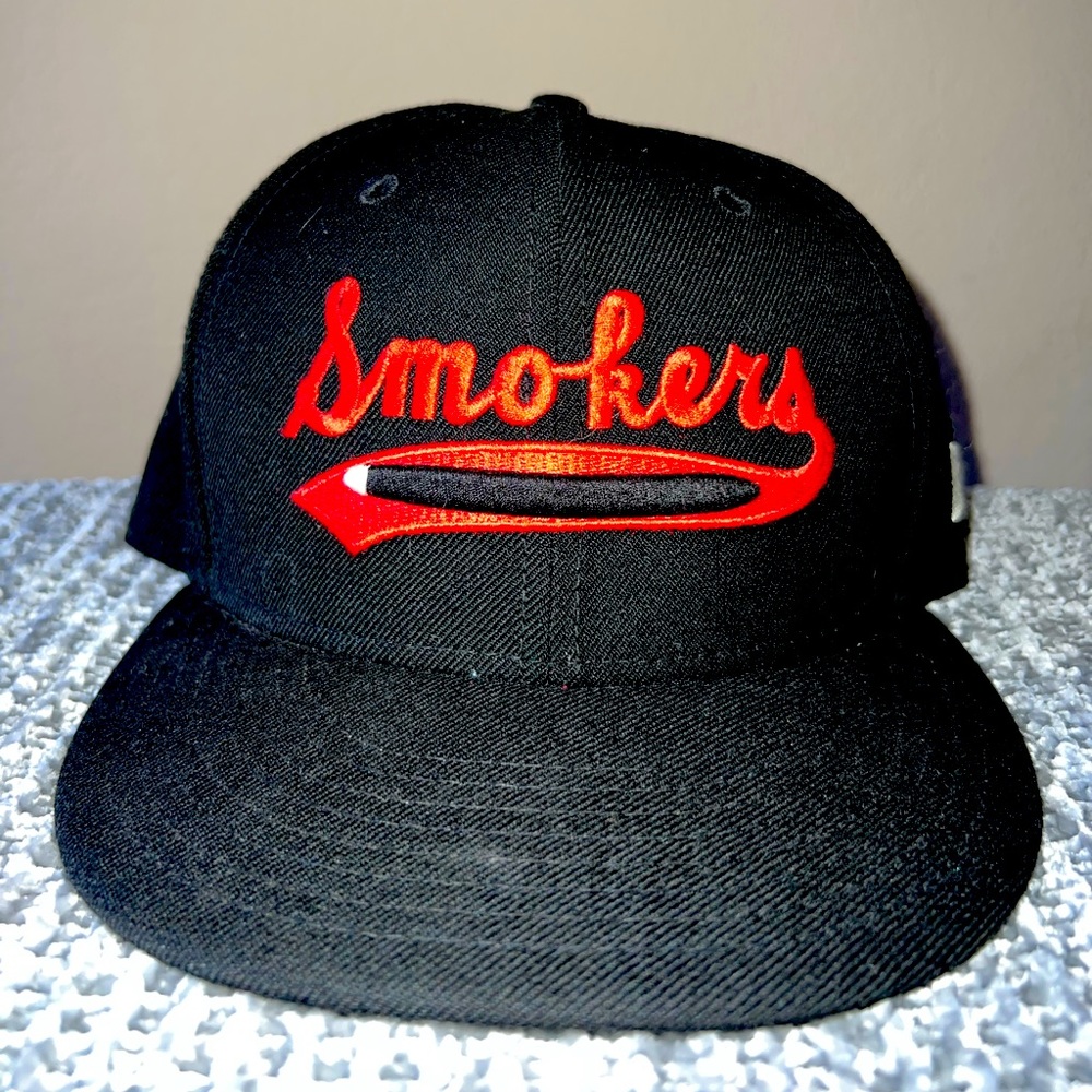 Smokers hat, black with red writing